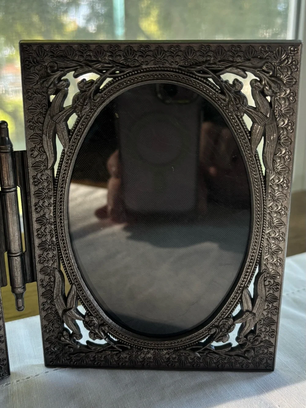 Ornate Hinged Oval Double Photo Frame in Dark Silver Tone